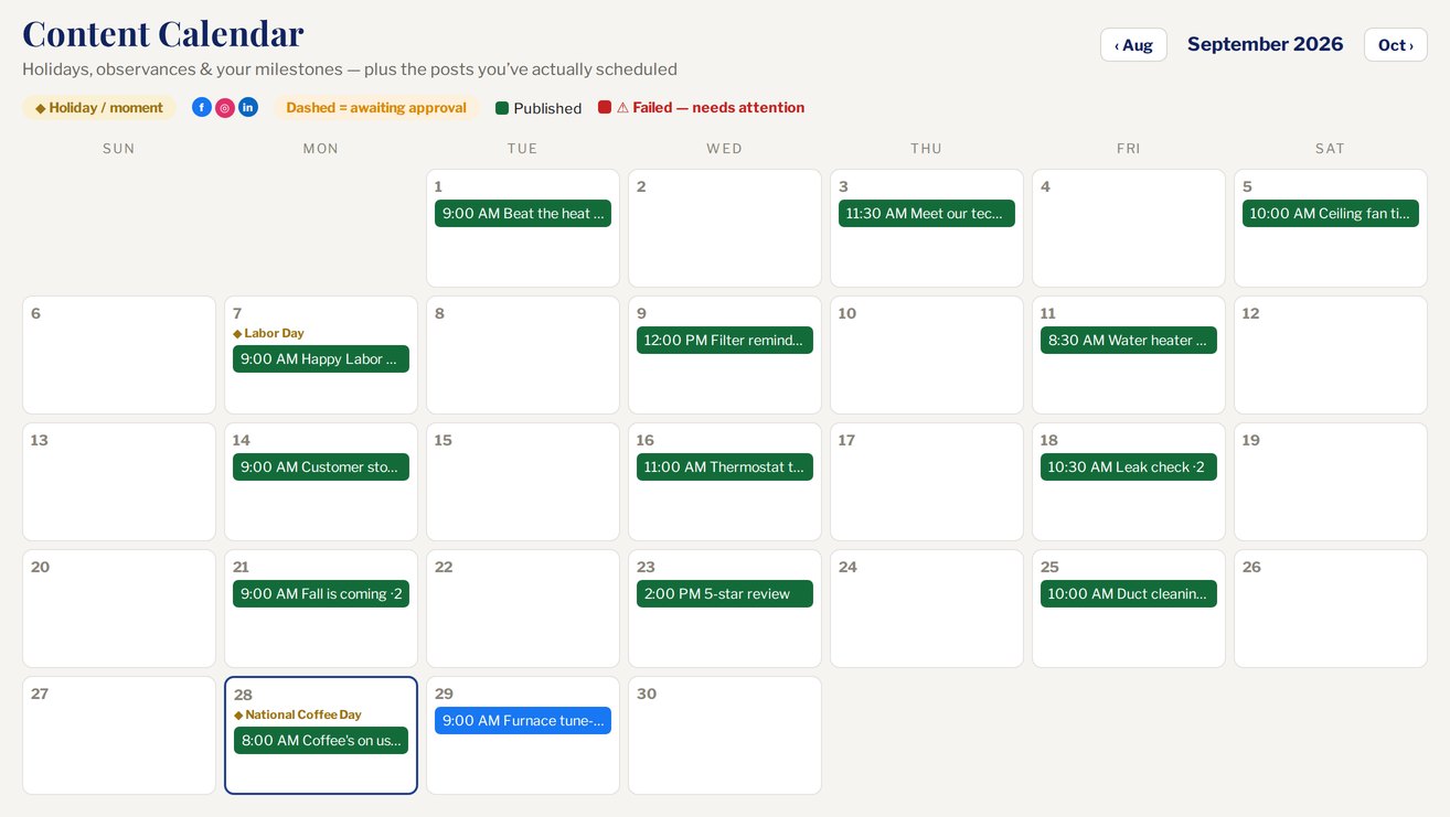 Content Calendar in Island Pond Social for an example business, showing a month of published posts alongside Labor Day and National Coffee Day
